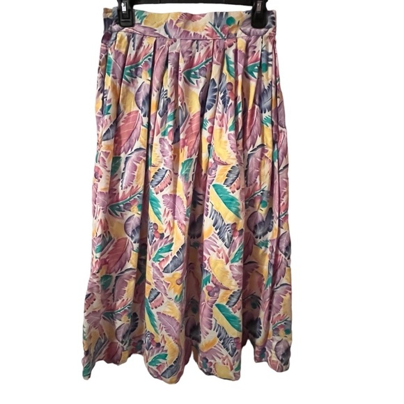 Vintage Dresses & Skirts - VINTAGE 80S MIDI SKIRT TROPICAL FLORAL PRINT COLORFUL PASTELS POCKETS XS